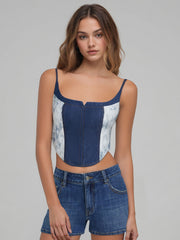 Denim U-neckline Lace Patchy Cami Crop Top
