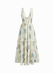 V-neck Lace Trim Floral Lace Up Layered Maxi Dress