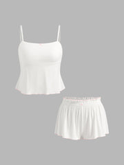 Square Neck Bowknot Contrasting Binding Cami Top & Low Rise Lettuce Trim Shorts Loungewear Set