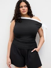 Asymmetrical Neck Contrasting Binding Ruched Knotted Top Curve & Plus