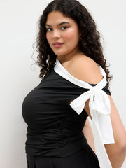Asymmetrical Neck Contrasting Binding Ruched Knotted Top Curve & Plus