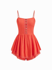 Linen-blend U-neckline Lace Trim Layered Micro Romper