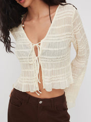 V-neck Shirred Tie Front Lettuce Trim See-through Blouse