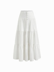 Denim High Rise Solid Tiered Button Pocket Maxi Skirt