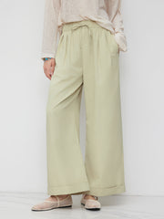 Mid Rise Stripes Drawstring Roll Hem Straight Leg Trousers