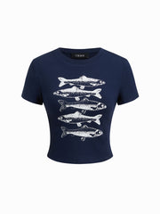 Sardine Graphic Round Neckline Short Sleeve Tee