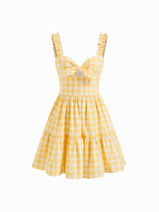100% Cotton Gingham Sweetheart Neck Bowknot Cami Mini Dress