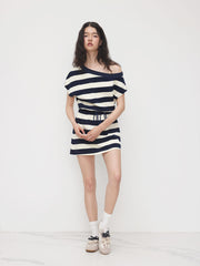 Cotton-blend Asymmetrical Neck Drawstring Stripe Mini Dress
