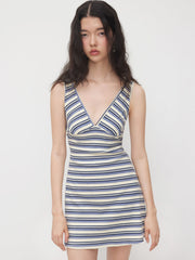 Cotton-blend V-neck Stripe Mini Dress