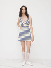 Cotton-blend V-neck Stripe Mini Dress