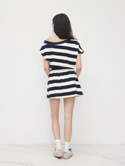 Cotton-blend Asymmetrical Neck Drawstring Stripe Mini Dress