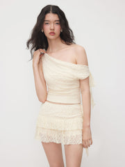Lace Asymmetrical Neck Knotted Top & High Rise Ruffle Hem Layered Mini Skort Set