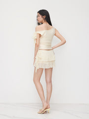 Lace Asymmetrical Neck Knotted Top & High Rise Ruffle Hem Layered Mini Skort Set