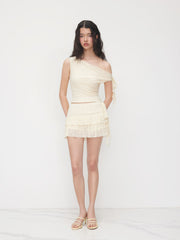 Lace Asymmetrical Neck Knotted Top & High Rise Ruffle Hem Layered Mini Skort Set