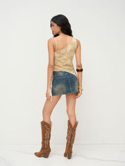 Asymmetrical Neck Floral Ruffle Hem Beaded Crop Cami Top