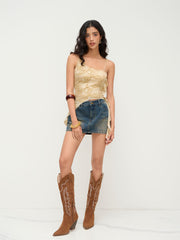 Asymmetrical Neck Floral Ruffle Hem Beaded Crop Cami Top