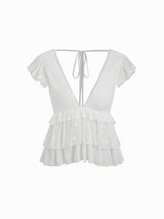 Lace V-neck Ruffle Hem Layered Blouse