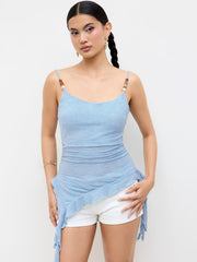 U-neckline Asymmetrical Ruffle Hem Ruched Beaded Cami Top