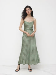 Satin Cowl Neck Polka Dot Ruched Mermaid Maxi Dress