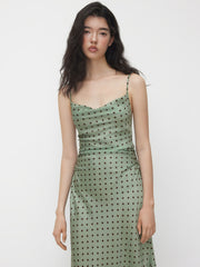 Satin Cowl Neck Polka Dot Ruched Mermaid Maxi Dress