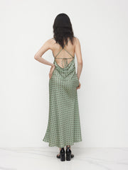 Satin Cowl Neck Polka Dot Ruched Mermaid Maxi Dress