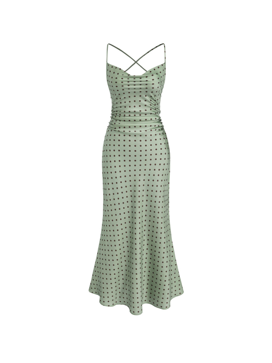 Satin Cowl Neck Polka Dot Ruched Mermaid Maxi Dress