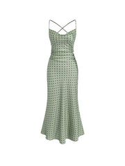 Satin Cowl Neck Polka Dot Ruched Mermaid Maxi Dress
