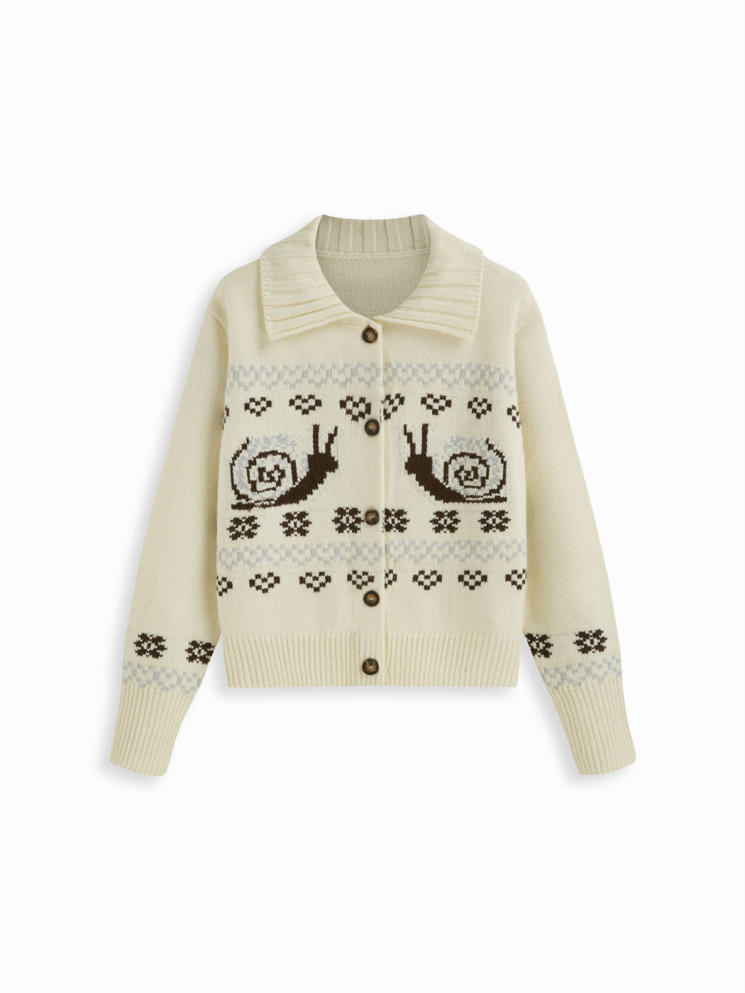 Knit Collar Heart & hedgehog Pattern Button Cardigan