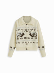 Knit Collar Heart & hedgehog Pattern Button Cardigan
