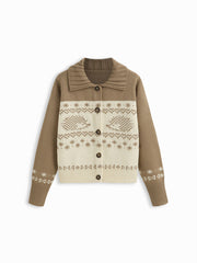 Knit Collar Heart & hedgehog Pattern Button Cardigan