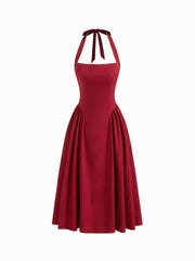 Linen-blend Halter Neckline Knotted Ruffle Midi Dress