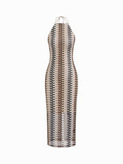 Halter Neckline Stripe Tie Back Backless Maxi Dress