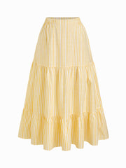 Cotton-blend Halter Neckline Stripe Tie Front Shirred Top & Mid Rise Elastic Waist Ruffle Maxi Skirt Set