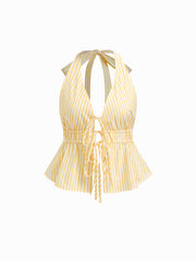 Cotton-blend Halter Neckline Stripe Tie Front Shirred Top & Mid Rise Elastic Waist Ruffle Maxi Skirt Set