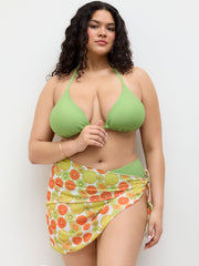 V-neck Knotted Halter Full Coverage Bikini Set With Fruit Sarong Curve & Plus