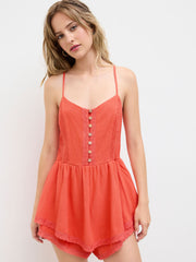 Linen-blend U-neckline Lace Trim Layered Micro Romper