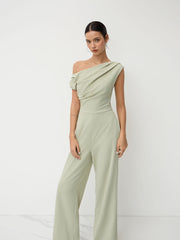 Asymmetrical Neck Ruched Pocket Straight Leg Jumpsuit