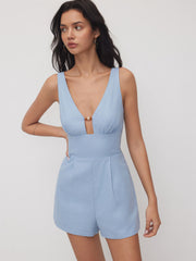 Cotton-blend V-neck Beaded Romper