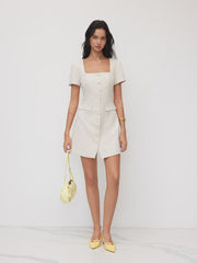 Linen-blend Square Neck Short Sleeve Mini Dress