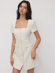 Linen-blend Square Neck Short Sleeve Mini Dress