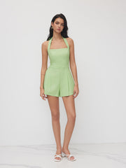 Linen-blend Halter Neckline Shirred Backless Romper