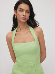 Linen-blend Halter Neckline Shirred Backless Romper