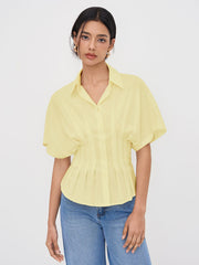Linen-blend Collar V-neck Pleated Short Sleeve Shirt