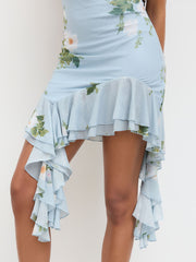 Mesh Cowl Neck Floral Criss Cross Asymmetrical Ruffle Hem Mini Dress