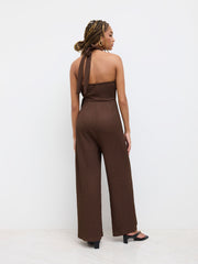 Halter Neckline Metal Detail Knotted Texture Jumpsuit
