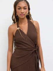 Halter Neckline Metal Detail Knotted Texture Jumpsuit