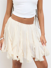 Chiffon Mid Rise Lace Trim Asymmetrical Ruffle Hem Mini Skirt