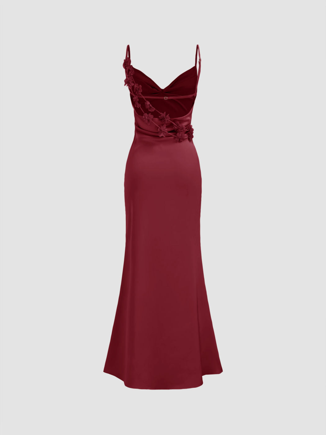 Satin Cowl Neck 3D Floral Ruched Mermaid Maxi Dress