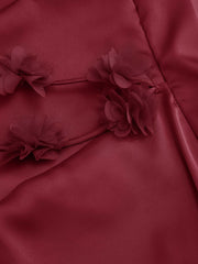Satin Cowl Neck 3D Floral Ruched Mermaid Maxi Dress