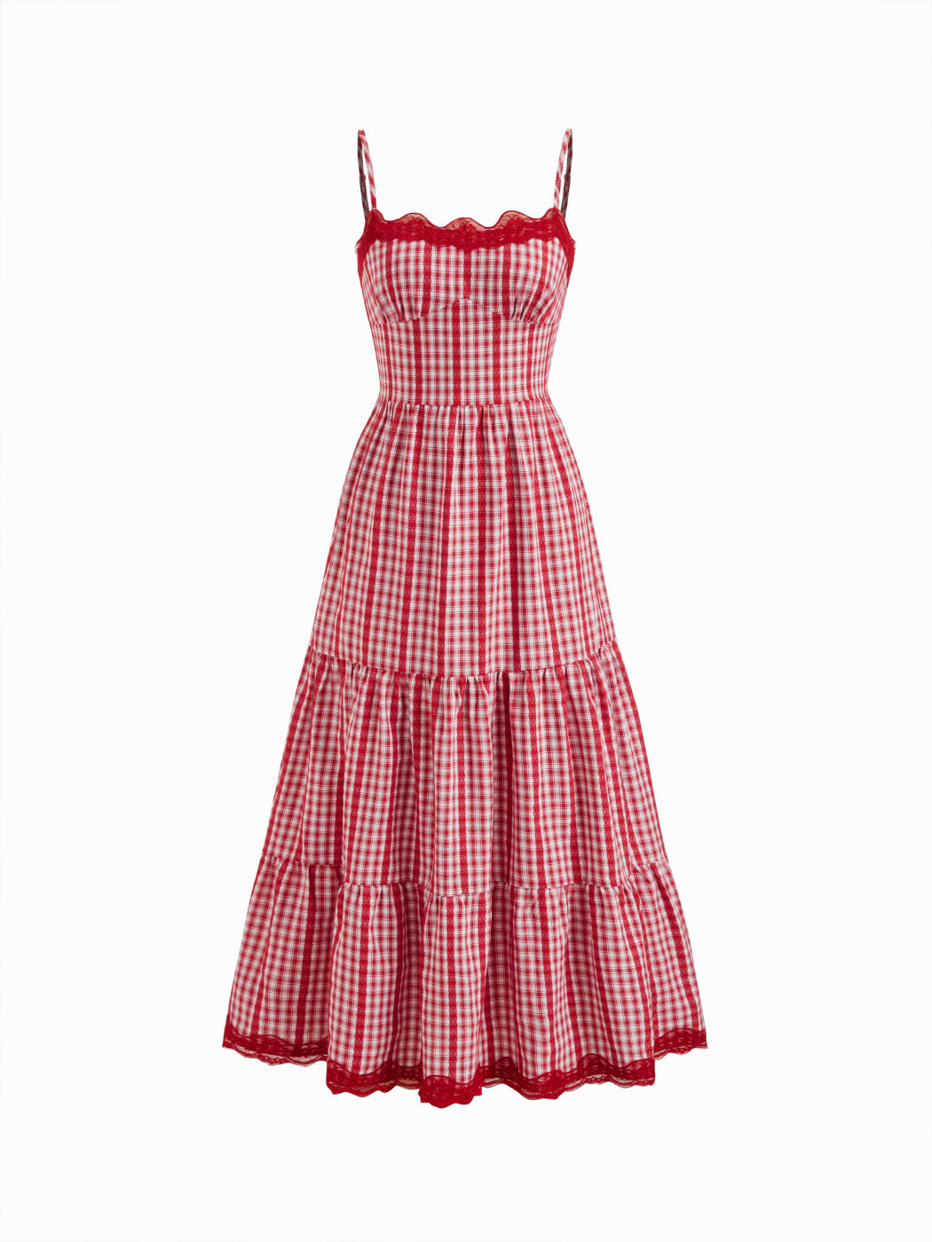 Cotton-blend Gingham Lace Trim Tiered Shirred Maxi Dress
